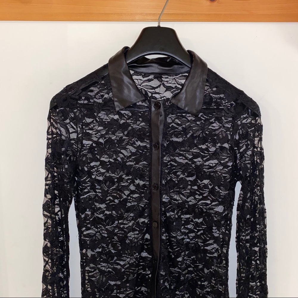 Lace button up top with faux leather - Picture 2 of 3